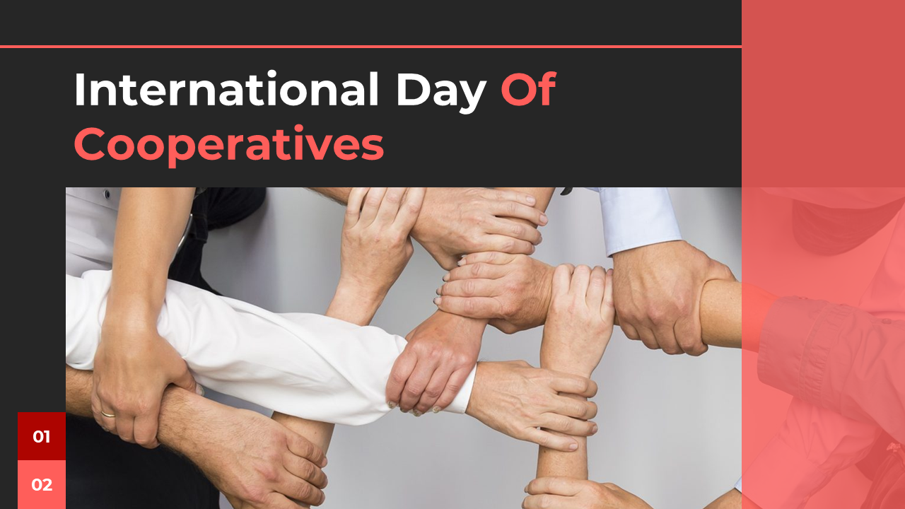 International Day of Cooperatives with sections covering history, principles, and impacts, alongside images.