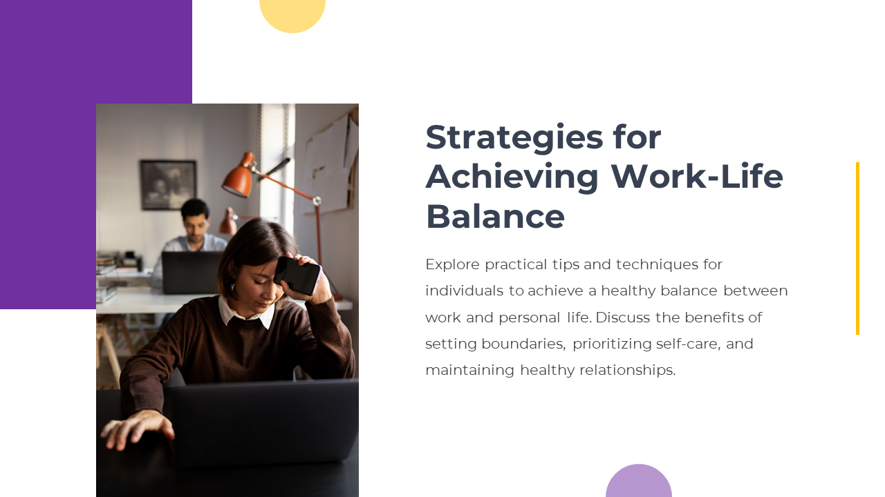 Offering tips and strategies to achieve a healthy work life with an image of two individuals working on a white theme.