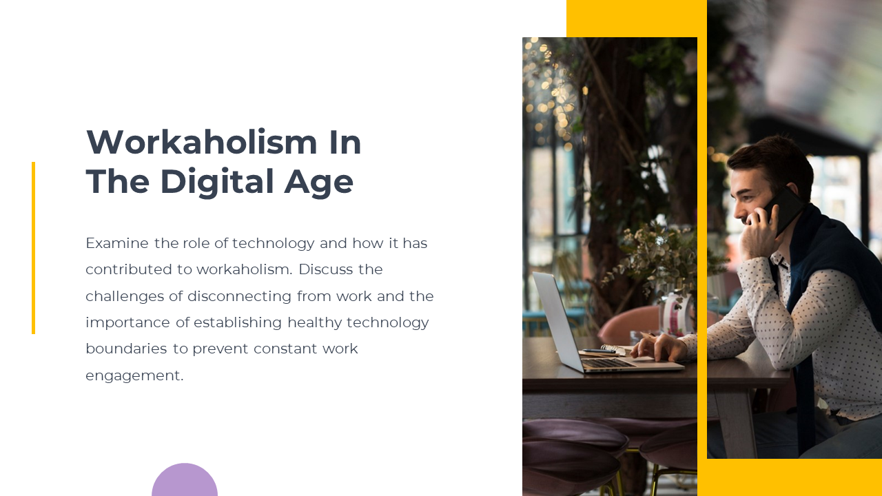 Exploring the role of technology in workaholism in the digital age with an individual speaking phone on a white backdrop.