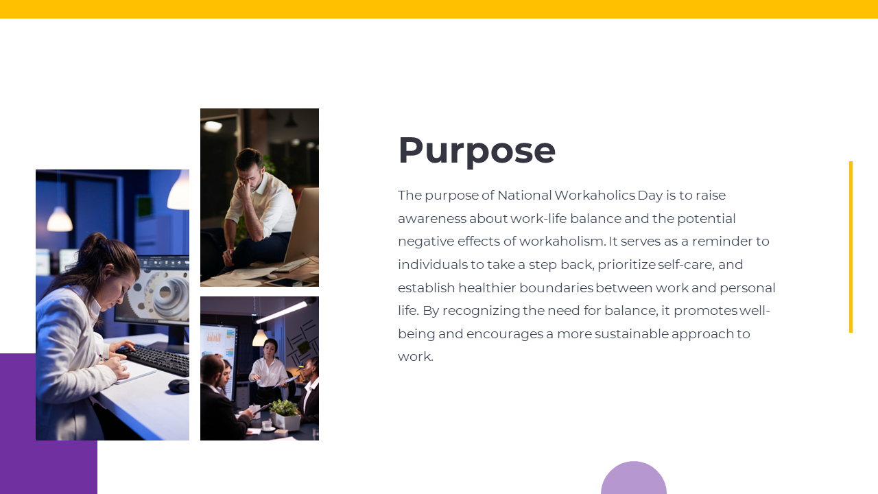 Purpose slide features individuals working on laptops with text descriptions on a white backdrop with a yellow border.