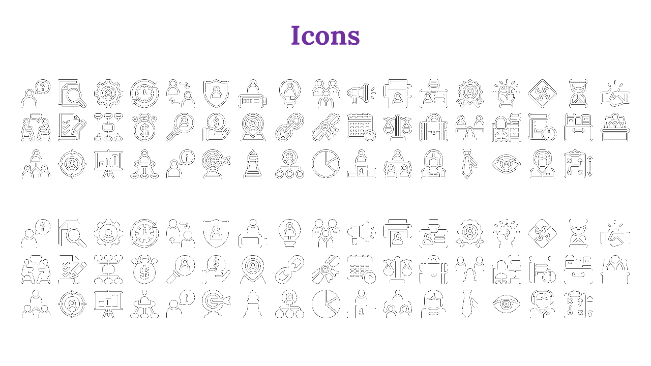 A collection of various black icons representing business, finance, security, team collaboration, and technology.