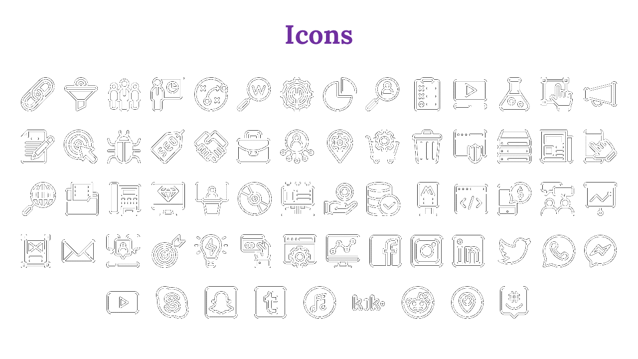 A grid of various black icons, including social media logos, business tools, technology, and communication symbols.
