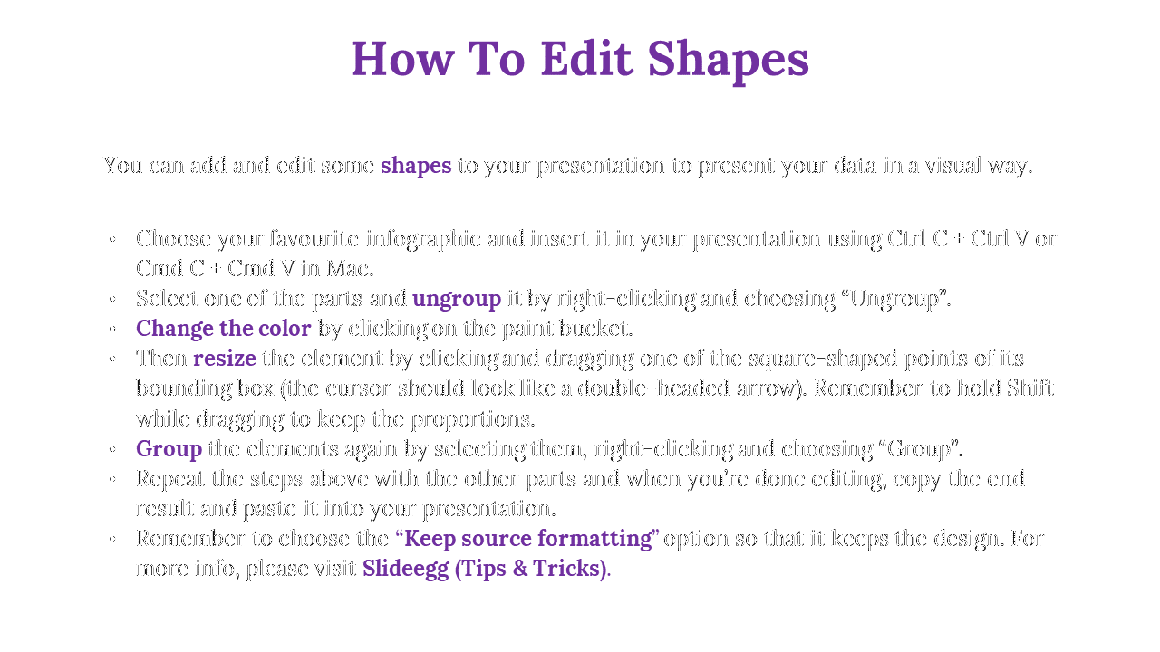 Instructions for editing shapes in a PowerPoint presentation, including steps to ungroup, resize, and change colors.