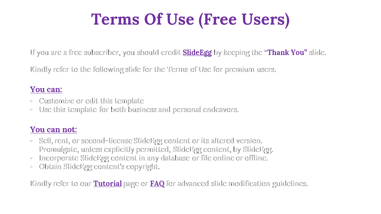 Terms of use for free users of SlideEgg, explaining customization rights and restrictions on selling or modifying content.