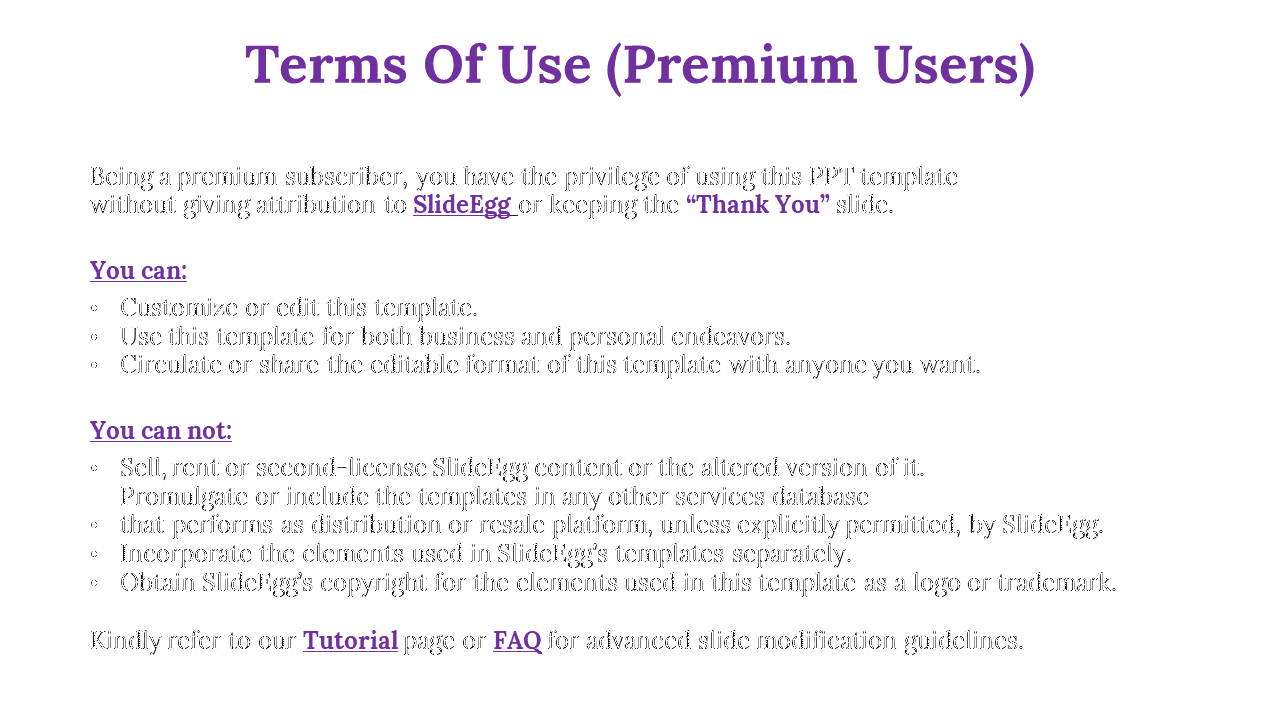 Terms of use for premium users of SlideEgg, outlining customization rights and limitations on redistribution of templates.