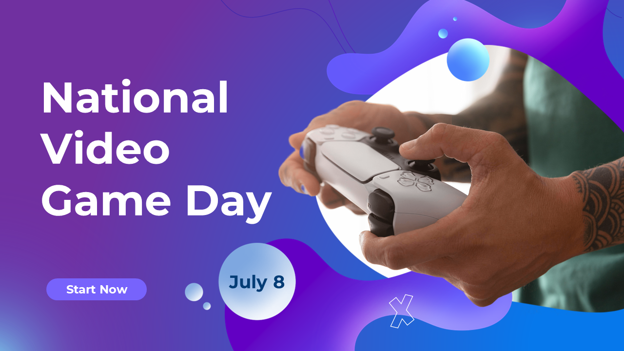 National Video Game Day slides detailing the evolution of graphics, popular genres, and the rise of esports and gaming.