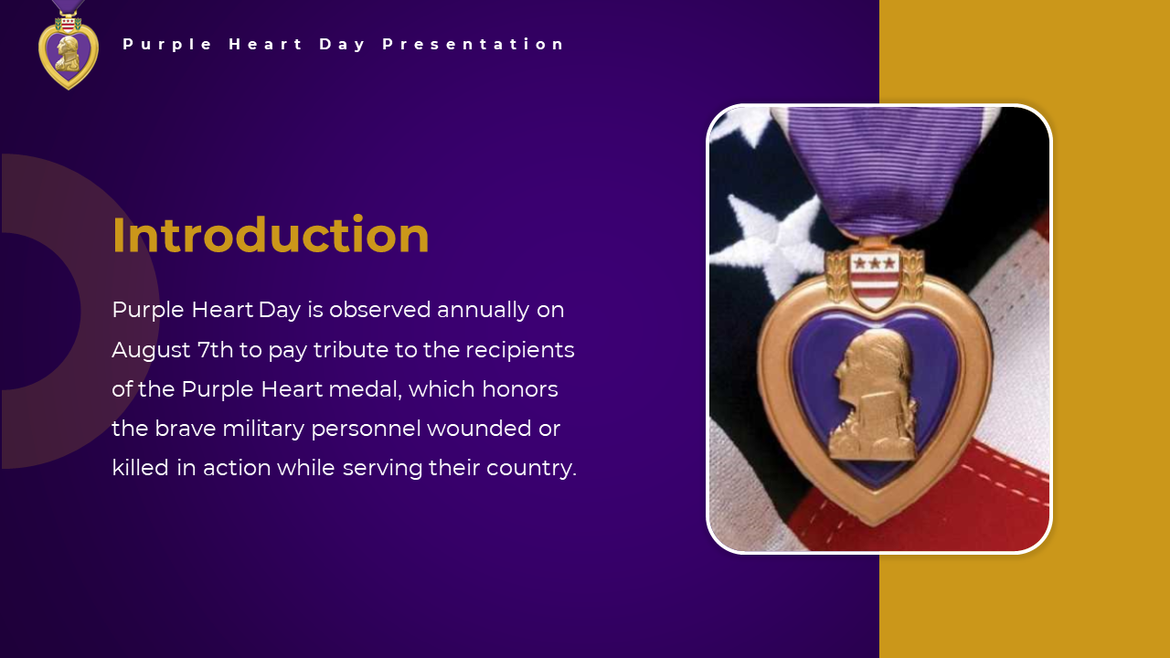 Purple Heart Day Introduction slide with an image of the Purple Heart medal against an American flag background.