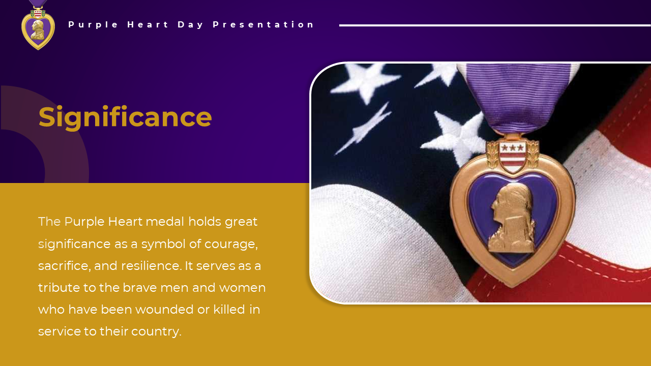 Close up of the Purple Heart medal representing the sacrifices made by military members who were wounded or killed in action.