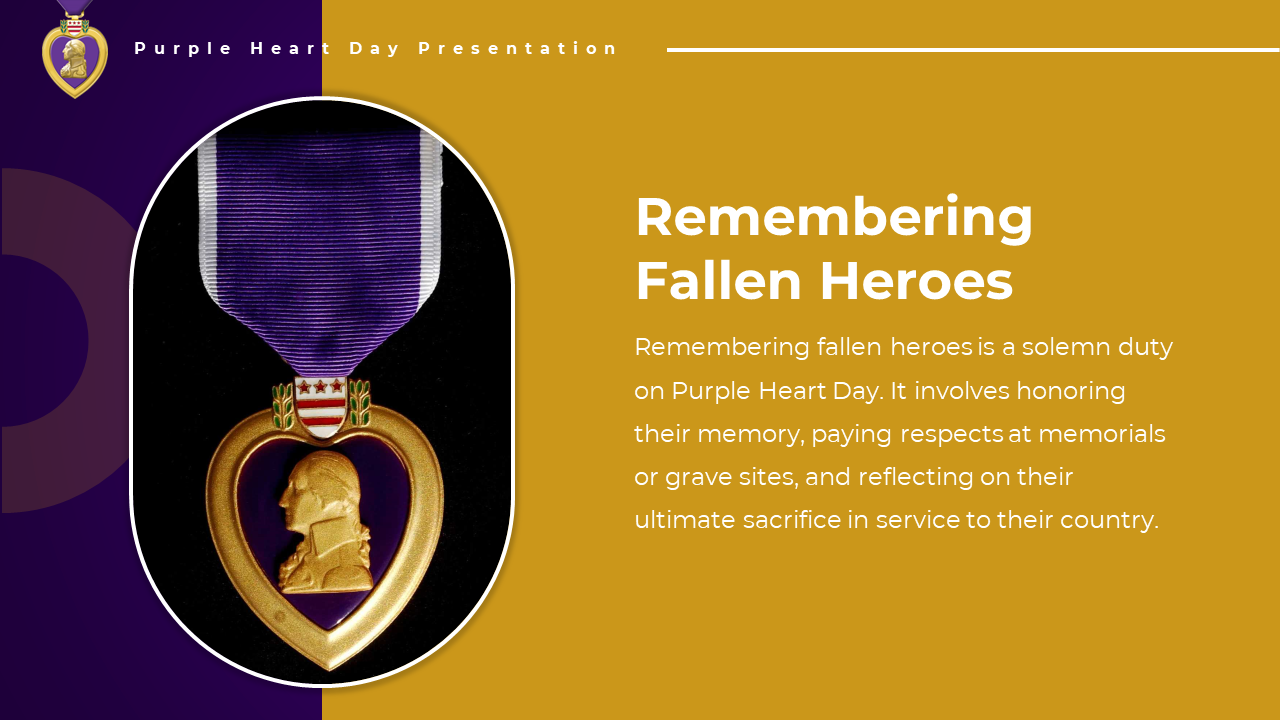 Purple Heart medal with a golden ribbon, symbolizing sacrifice and honor, displayed against a contrasting background.