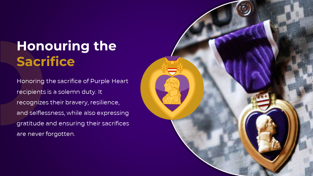 Close up of the Purple Heart medal displayed against a camouflage background with a text description.
