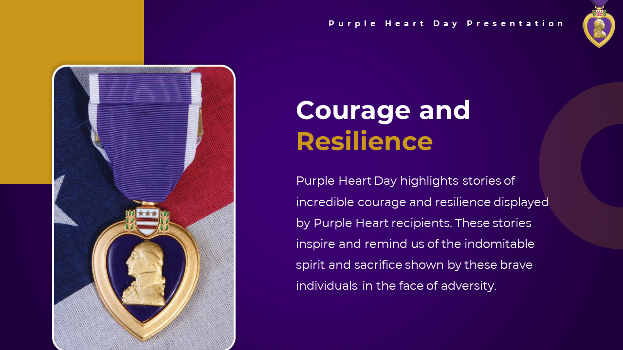 The iconic Purple Heart medal, awarded for bravery, resilience, and sacrifice, is displayed against a U.S. flag backdrop.
