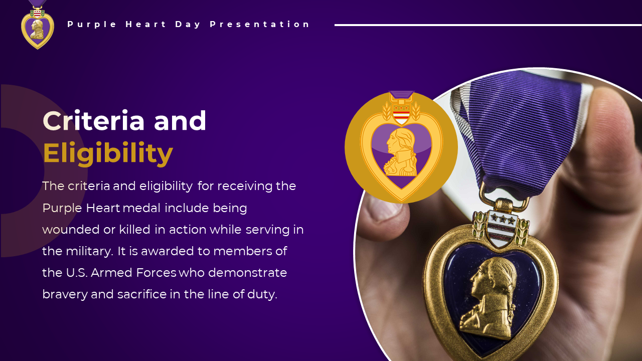 A hand holding the Purple Heart medal, awarded to military personnel wounded or killed in action.