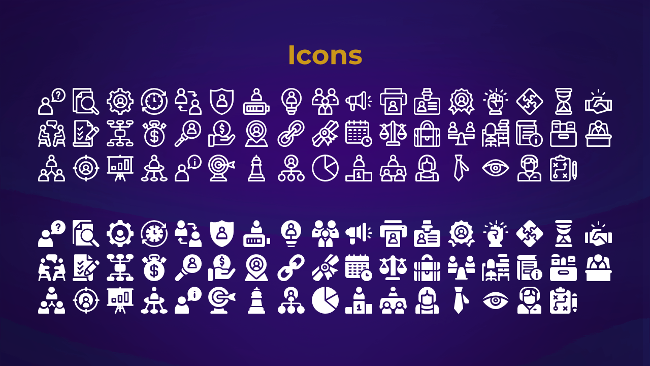 White icon set on a purple background, showcasing symbols of business, technology, and communication.