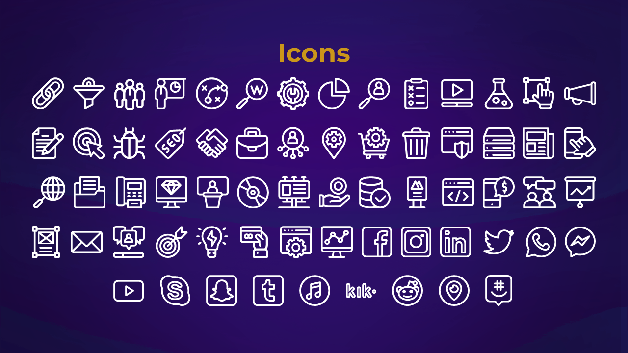 A collection of white icons, representing business, social media, and technology related concepts, on a purple background.