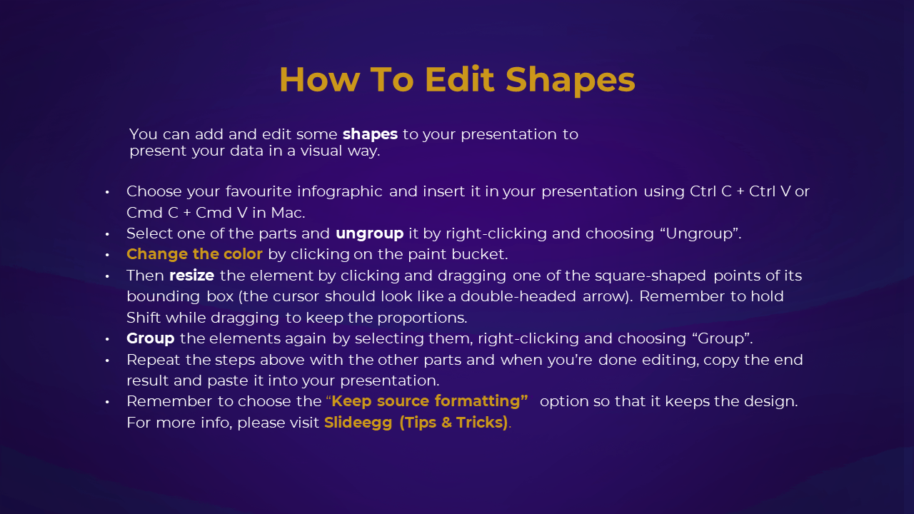 PowerPoint shape editing guide with detailed steps on ungrouping, resizing, changing colors, and grouping elements.