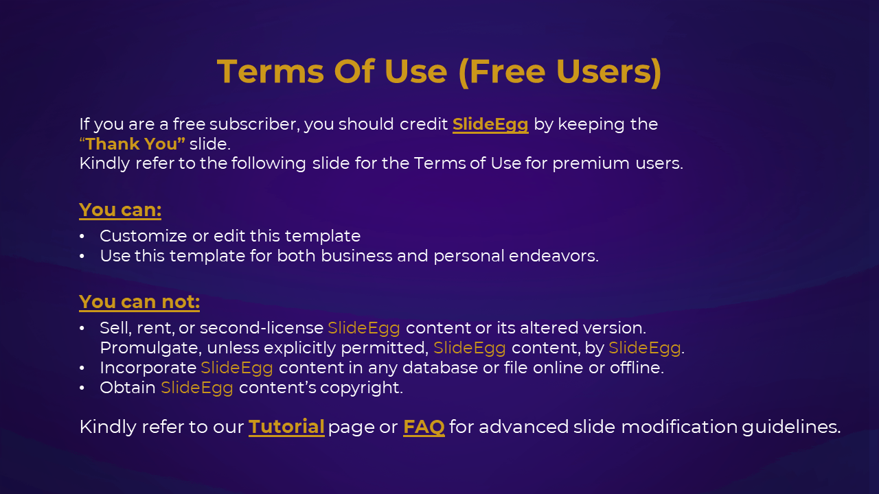 Terms of use for free SlideEgg users, detailing what can and cannot be done with templates on a purple backdrop.