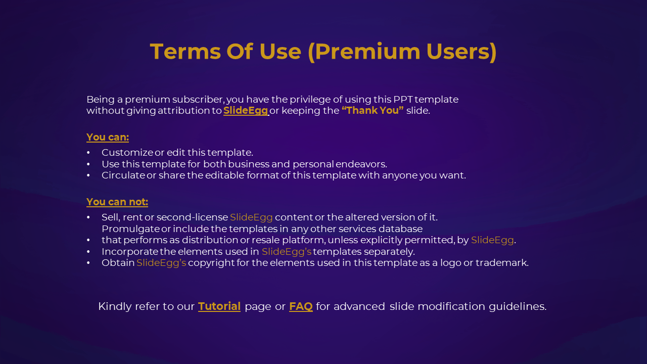 Premium users' rights for SlideEgg templates, outlining the ability to edit, share, and use templates on a purple backdrop.