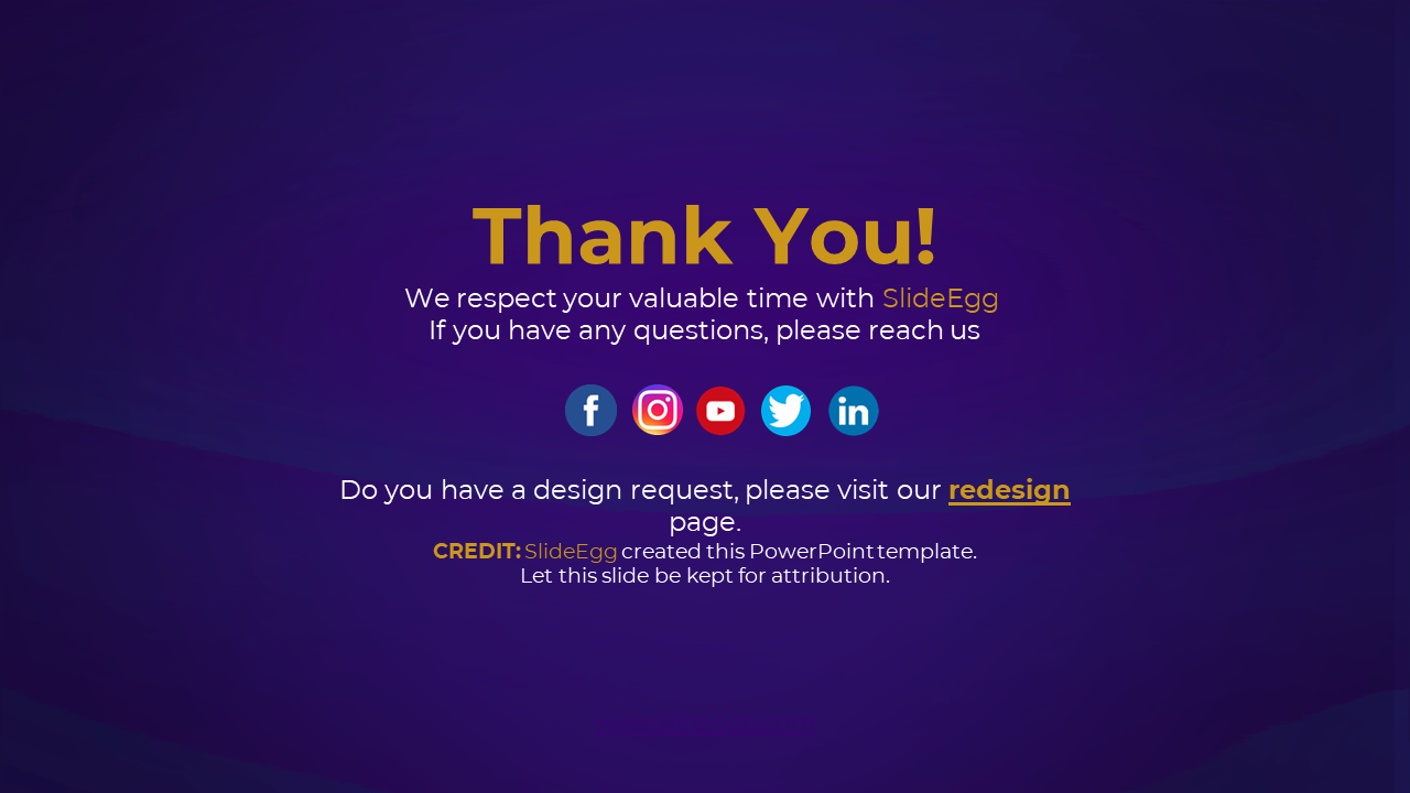 Thank you message from SlideEgg, with social media icons and a link to the redesign page on a purple backdrop.