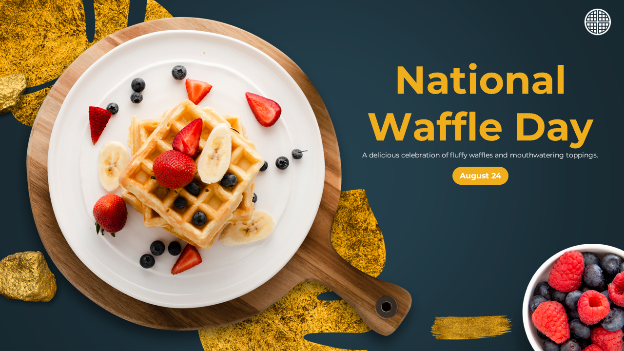Top view of waffles stacked on a white plate with sliced bananas, strawberries, and blueberries over a wooden paddle board.