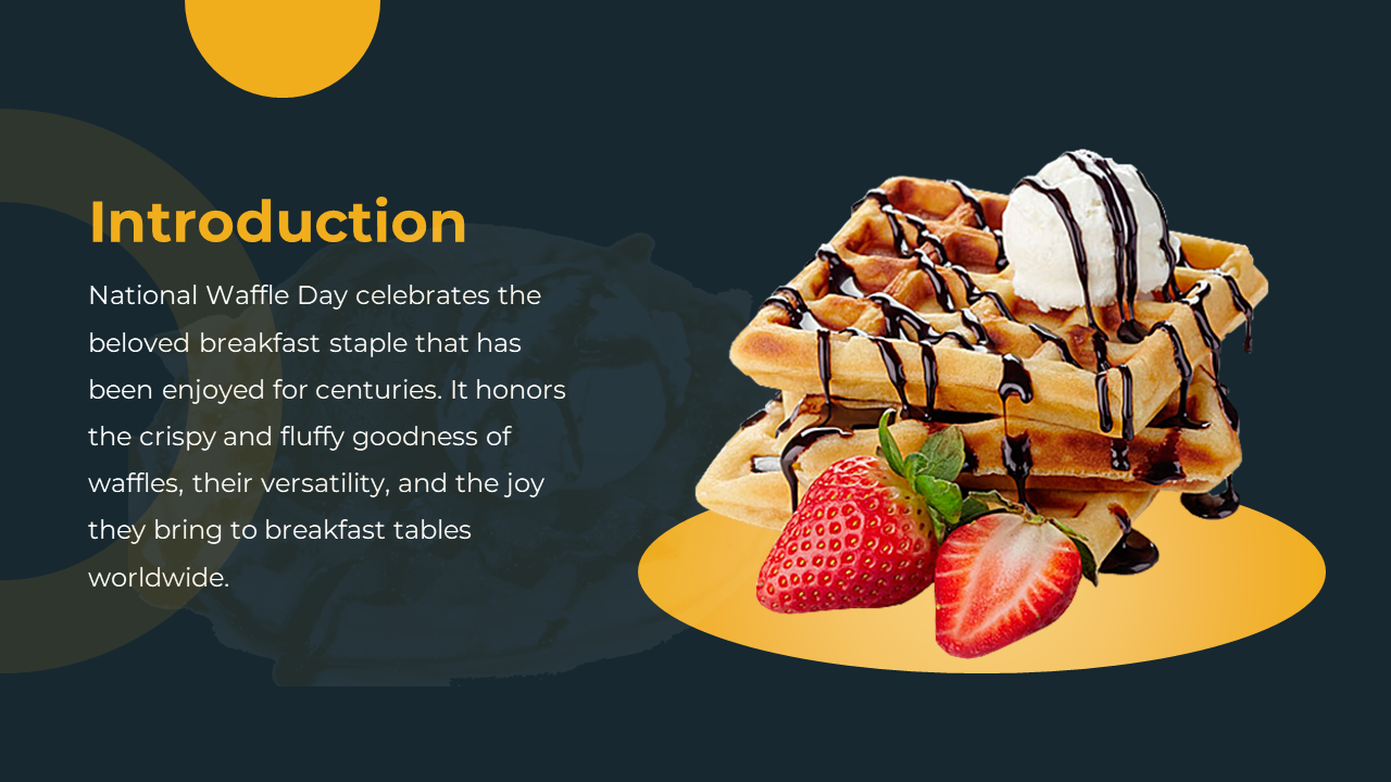 Slide shows stacked waffles with chocolate drizzle and a scoop of ice cream, placed beside strawberries on a dark background.