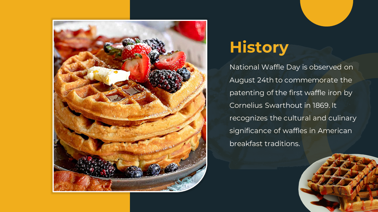 Slide features a stack of waffles topped with butter, syrup, and berries on a plate, with a dark backdrop and yellow accents.