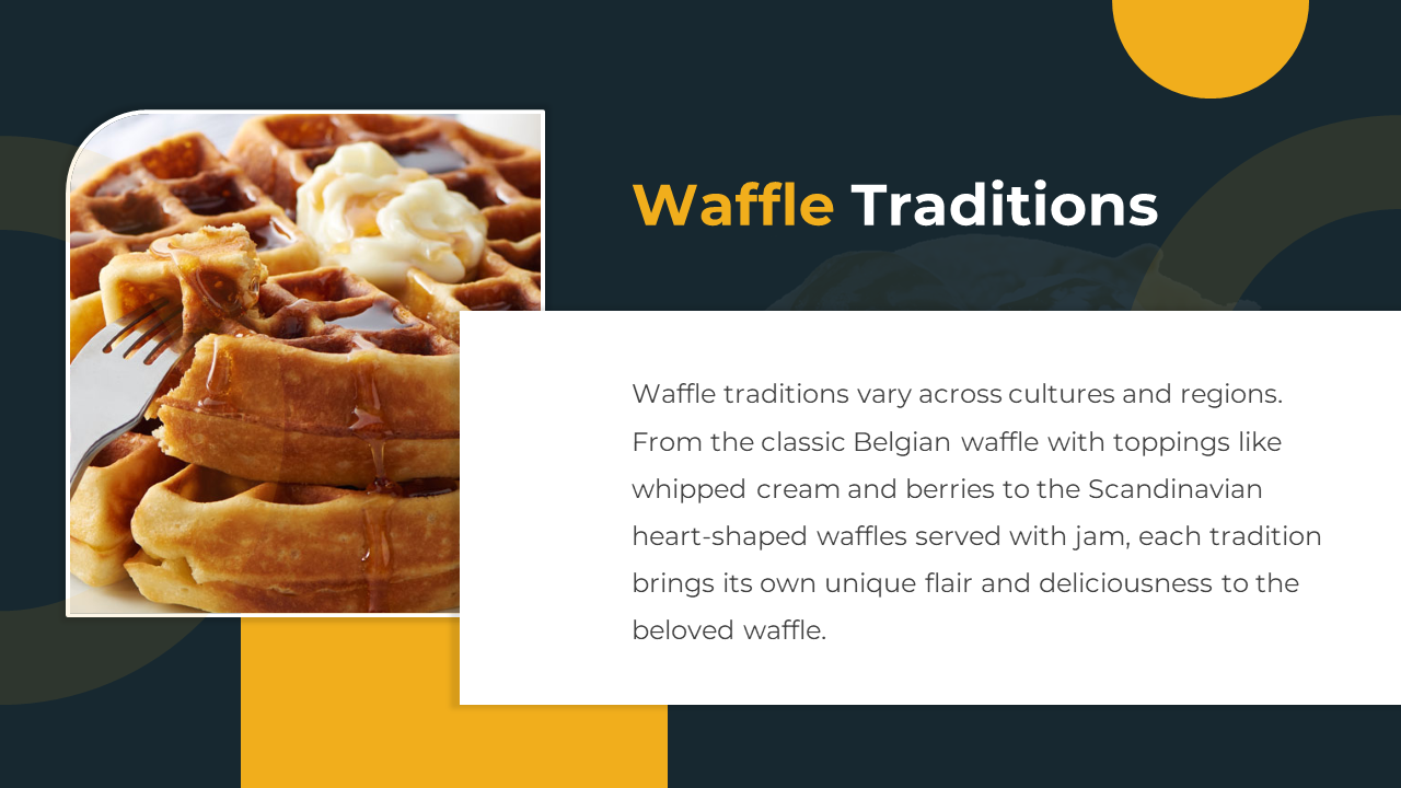 Slide with stacked golden waffles with butter on a fork beside a white box containing text on a dark and yellow backgdrop.