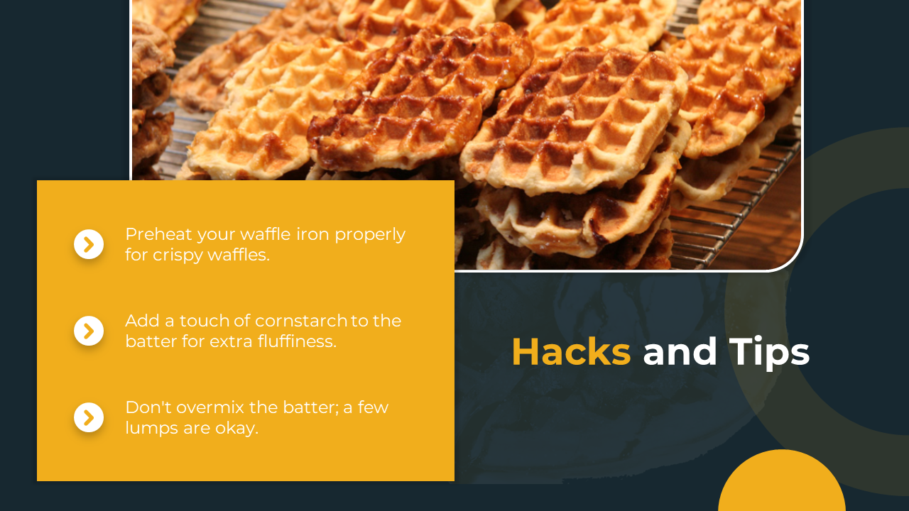 Slide features golden waffles stacked on a wire rack with a yellow text box listing baking tips over a dark blue background.