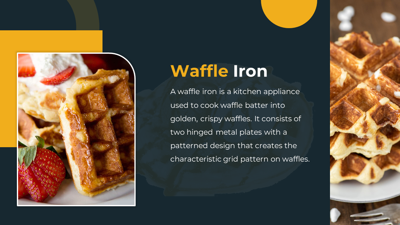 Slide shows golden waffles on white plates with dark and yellow background blocks and text at the middle.
