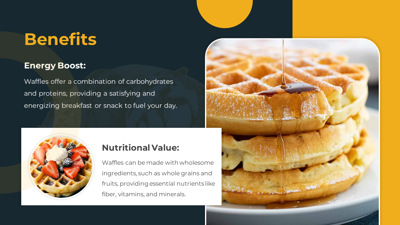 Tall stack of waffles with syrup is shown on the right, with white text box, on a navy and yellow layout.