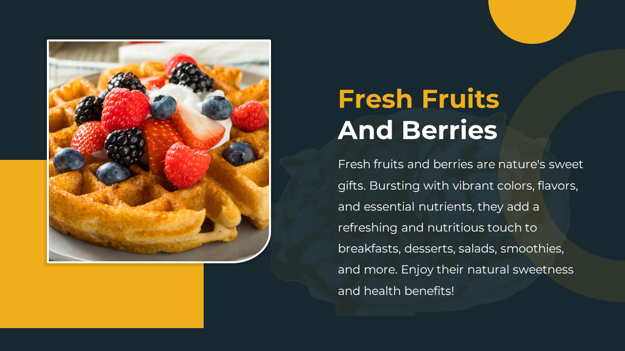 Golden waffle topped with mixed berries on the left, paired with text on a dark blue panel to the right.