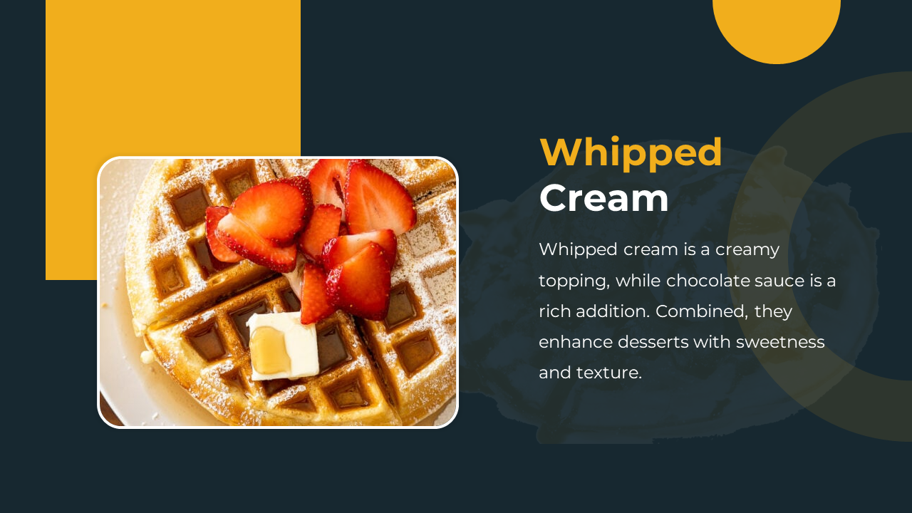 Golden waffle topped with sliced strawberries and butter sits on the left, with text on a dark panel to the right.