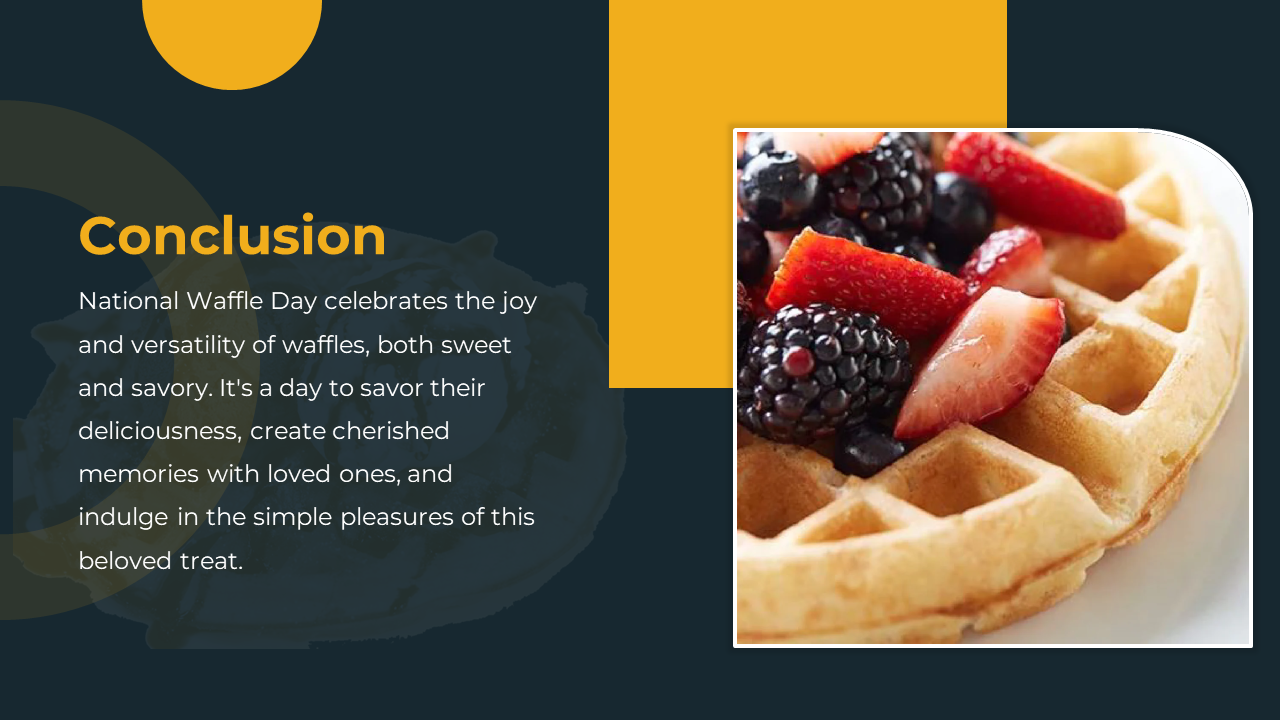 Slide shows a golden waffle topped with berries on the right and a dark blue text block with orange accents on the left.
