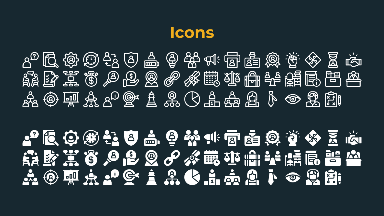 Two sets of white business themed icons in outlined and filled styles, beneath a yellow title on a dark navy background.