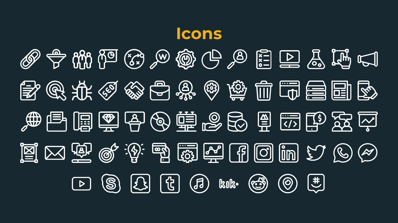 Slide with bold yellow title above five rows of outlined white icons on a dark navy background, all evenly spaced.
