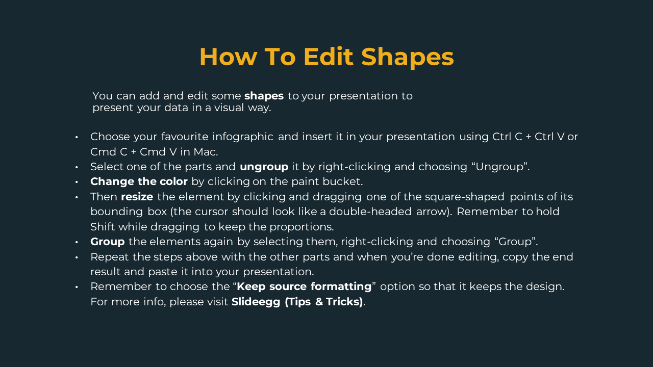 Dark navy layout with bold yellow title, left aligned white body text and bullets detailing steps in editing shapes.