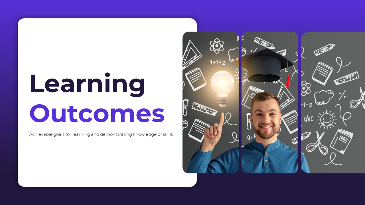 Learning outcomes cover slide with images of a lightbulb and graduate, surrounded by educational icons.