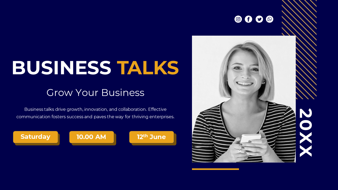Business talks slides with a blue and yellow color scheme, featuring speaker photos, event details, and social media links.