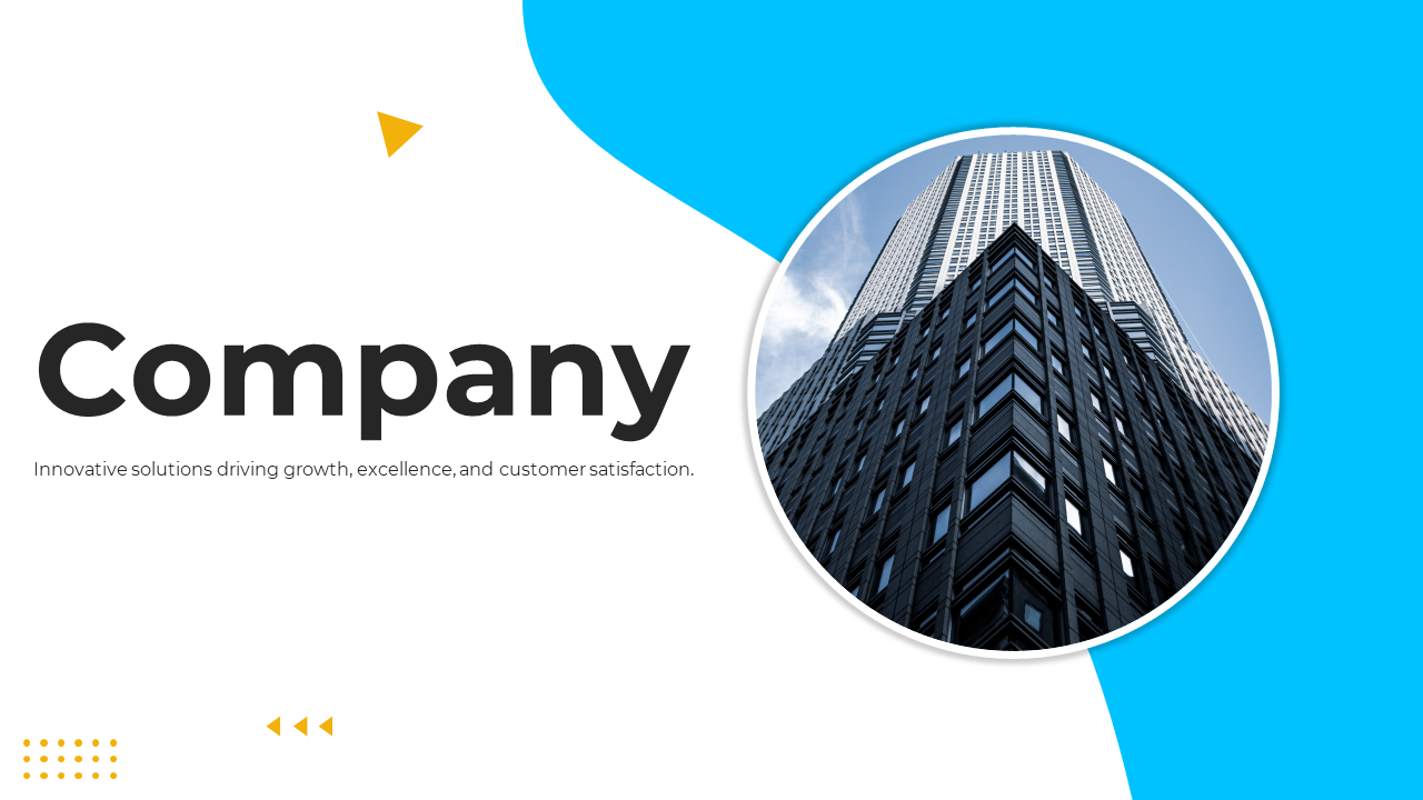 Corporate slide deck with a blue and white theme, showcasing company information, services, process, and goals.