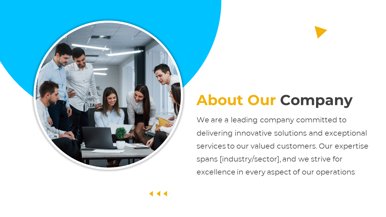 About Our Company slide office meeting with a team collaborating on a project, accompanied by the text on a blue theme.