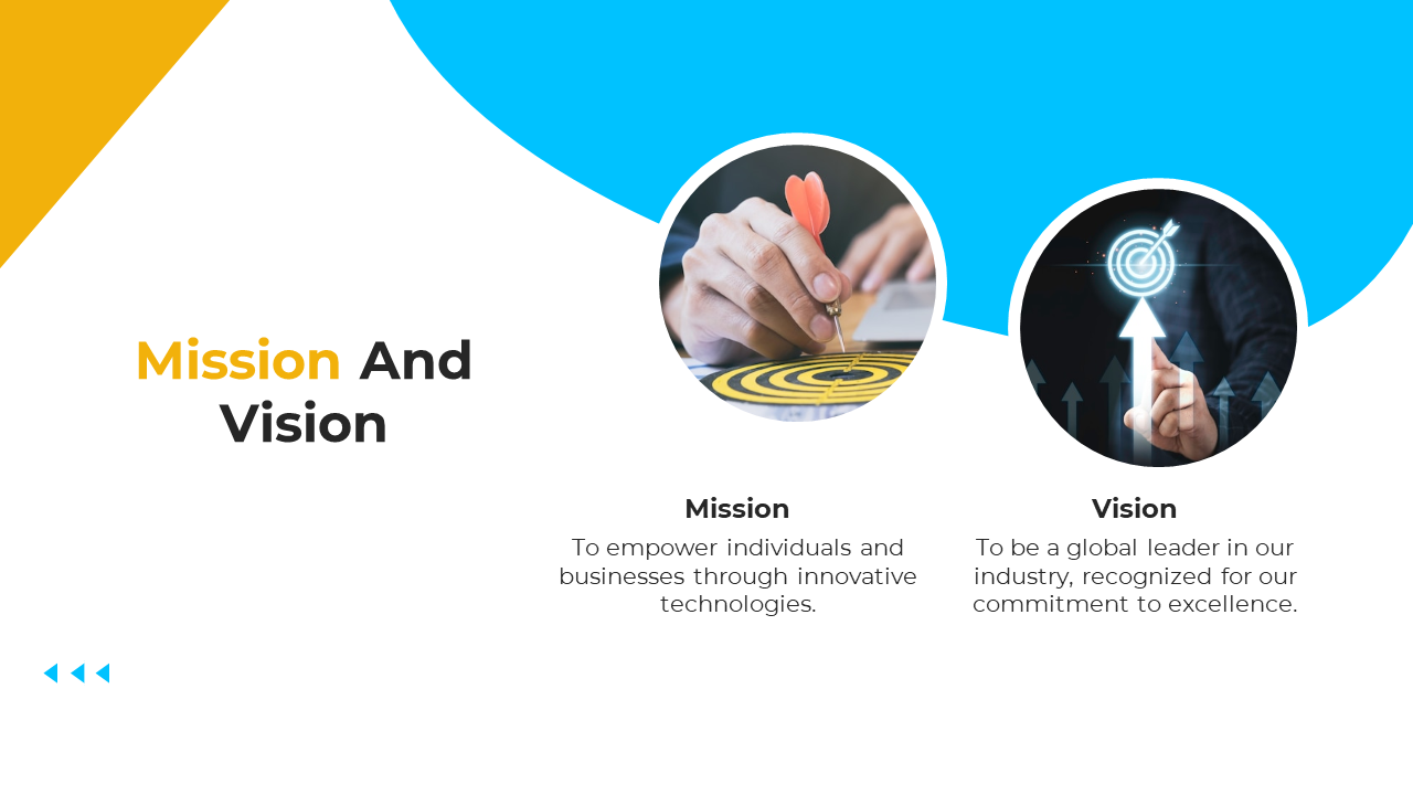 Slide illustrating mission and vision, featuring a dartboard representing the mission and a digital target on white backdrop.