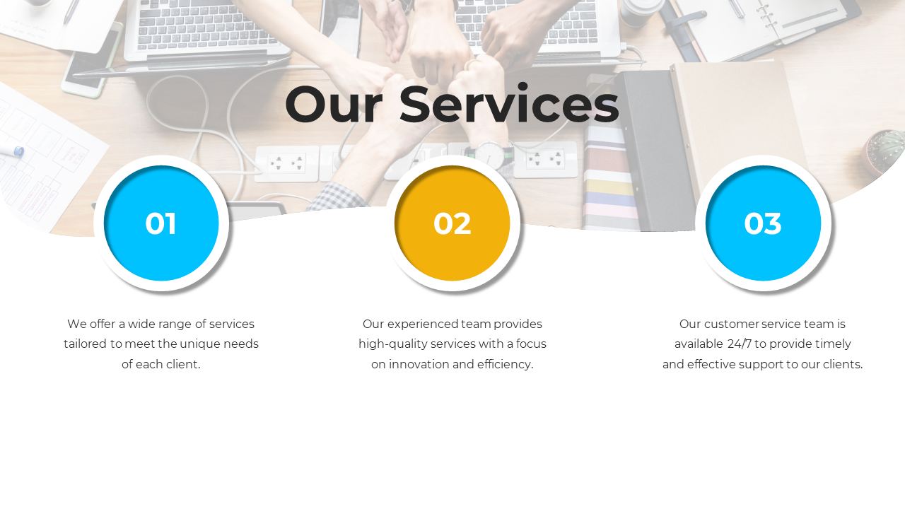 Our Services PowerPoint slide showcases three key points and colorful circles with laptops and hands on a white backdrop.