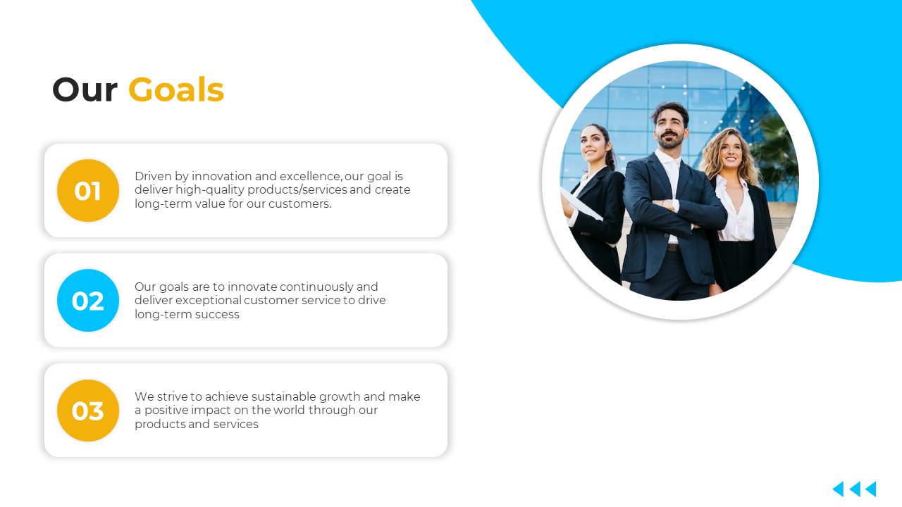 Our goals PowerPoint slide with three text descriptions with three business professionals on a white and blue theme.