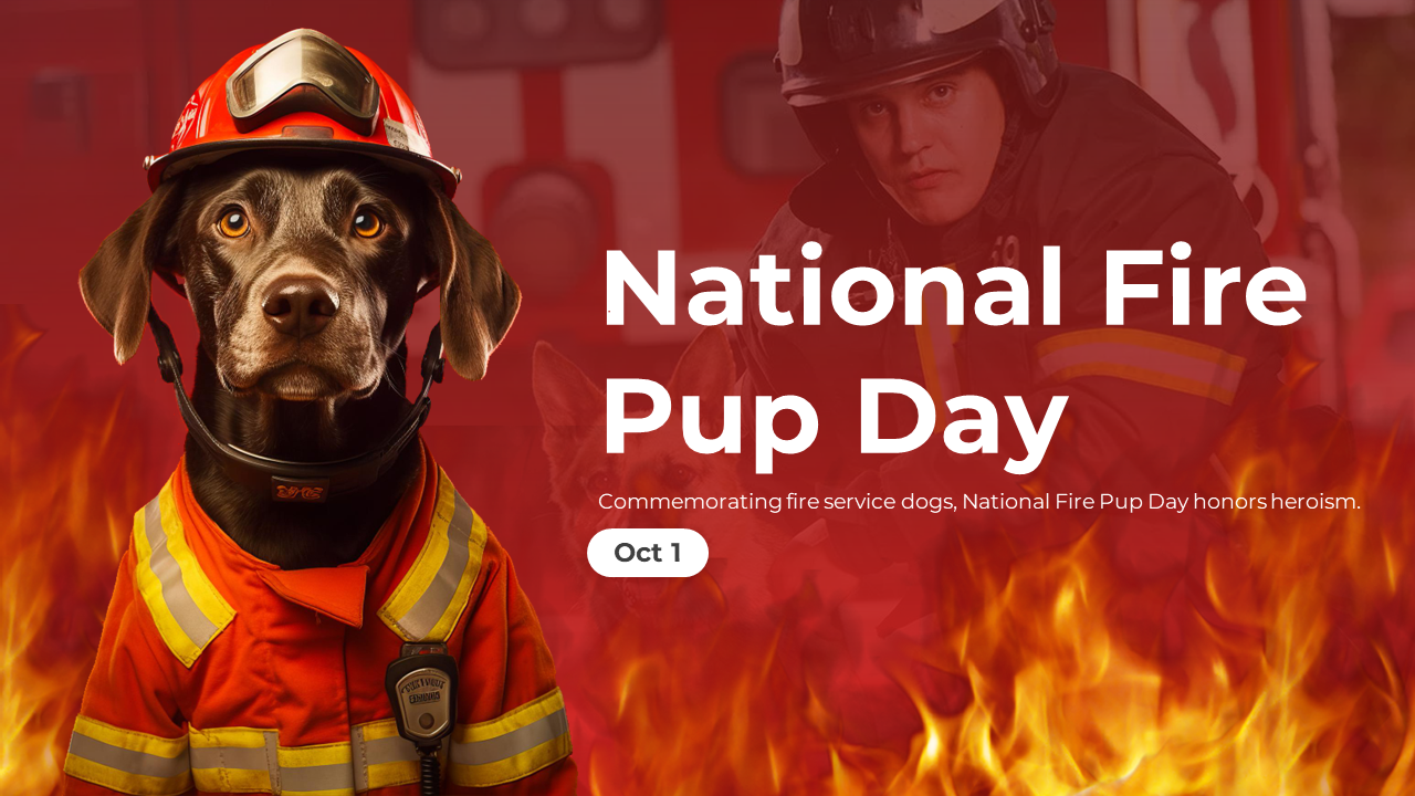 Slide deck featuring vibrant red and white tones with images of dogs in fire service uniforms in structured layouts.