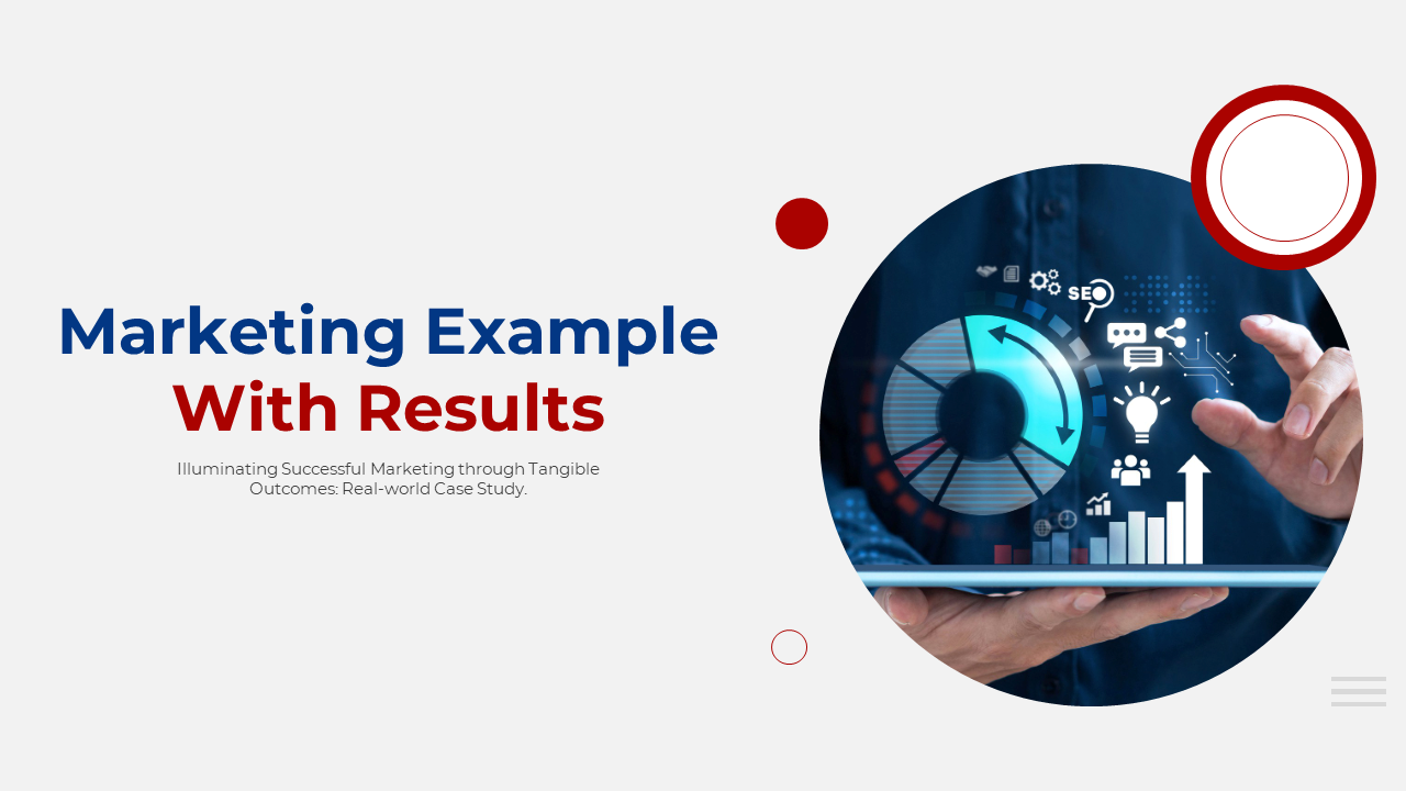Slide deck featuring marketing case study, graphs, strategies, objectives, and campaign results, in red and blue theme.