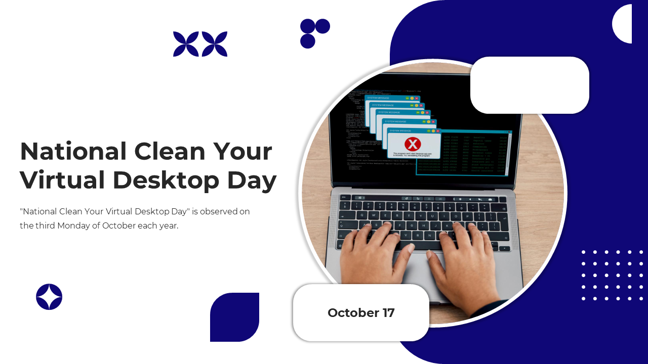National clean your virtual desktop day presentation slides with digital organization themes in a white and blue theme.