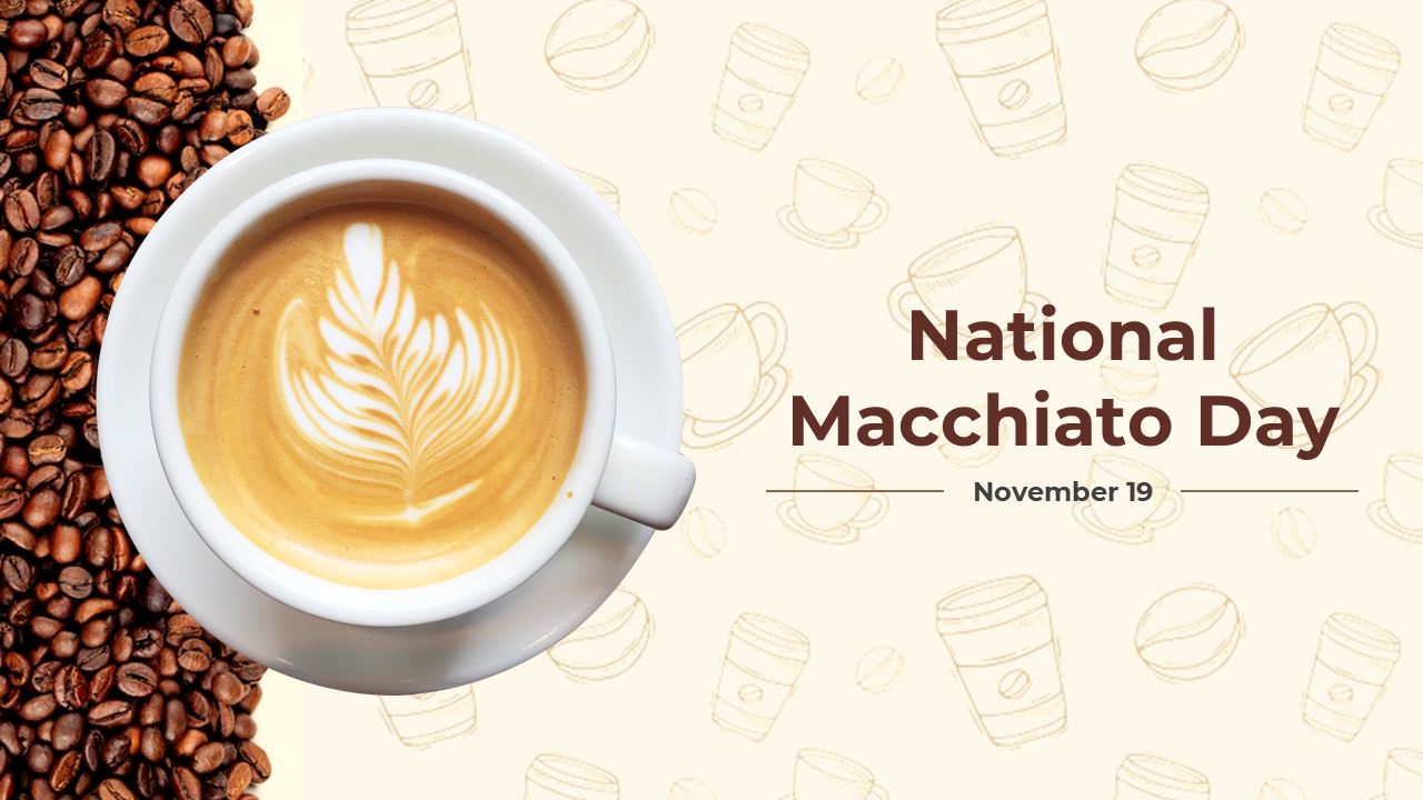 Slide deck celebrating macchiato coffee with sections on history, art, and pairings in a white and brown layout.