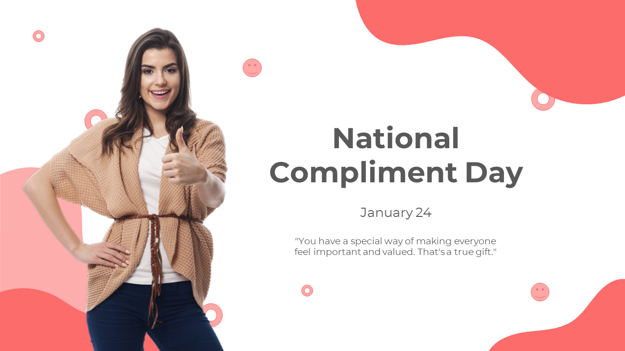 Slide deck celebrating national compliment day, showcasing diverse people and red wave elements on a white backdrop.