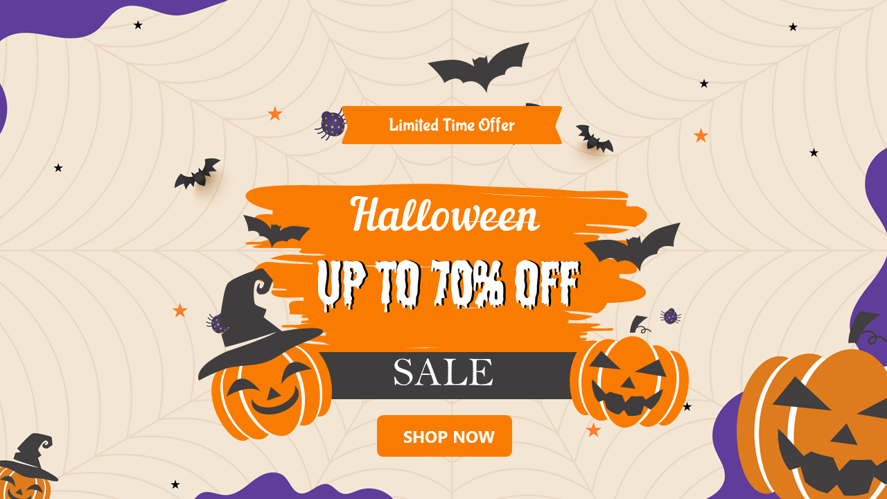 Halloween sale banner PPT slides with pumpkins, bats, and a witch, offering up to 70 off with a shop now call to action.