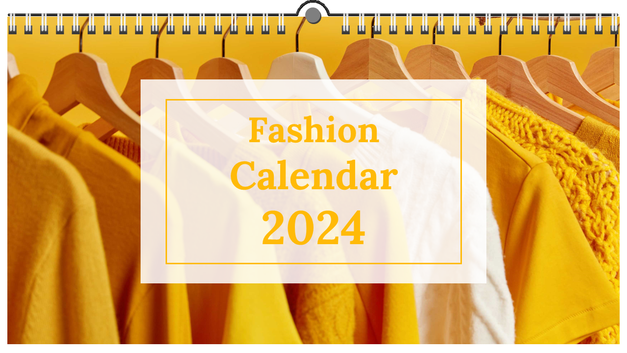 2024 fashion calendar slides featuring stylish clothing images for each month, with a vibrant yellow theme and month labels.