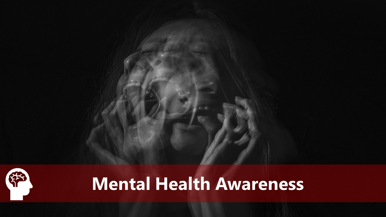 Dark background with blurred grayscale face in distress, overlaid by a red banner with a brain icon and white bold title.